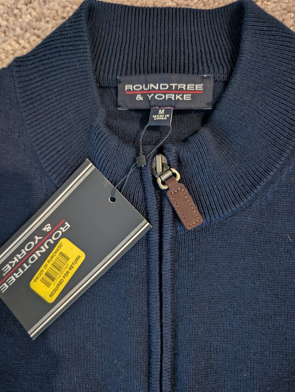NWT Roundtree & Yorke Men's Dark Navy Quarter Zip Sweater w/ Leather Zipper Pull